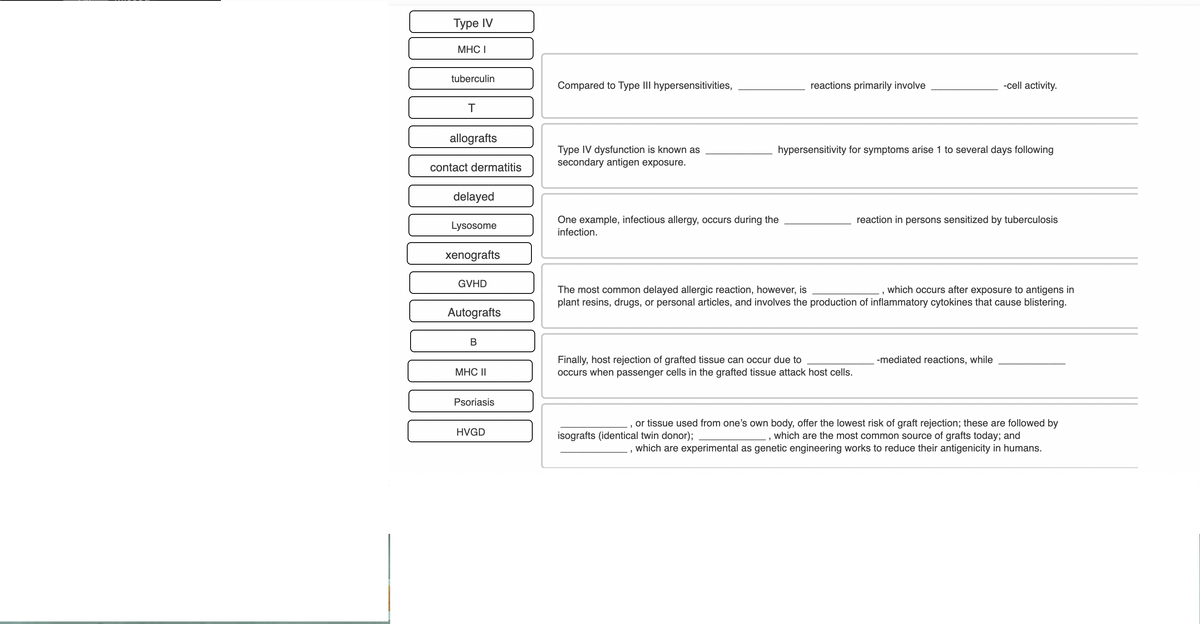 Турe IV
MHC I
tuberculin
Compared to Type III hypersensitivities,
reactions primarily involve
-cell activity.
T
allografts
Type IV dysfunction is known as
secondary antigen exposure.
hypersensitivity for symptoms arise 1 to several days following
contact dermatitis
delayed
One example, infectious allergy, occurs during the
reaction in persons sensitized by tuberculosis
Lysosome
infection.
xenografts
GVHD
which occurs after exposure to antigens in
The most common delayed allergic reaction, however, is
plant resins, drugs, or personal articles, and involves the production of inflammatory cytokines that cause blistering.
Autografts
B
Finally, host rejection of grafted tissue can occur due to
occurs when passenger cells in the grafted tissue attack host cells.
-mediated reactions, while
МНС I
Psoriasis
or tissue used from one's own body, offer the lowest risk of graft rejection; these are followed by
HVGD
isografts (identical twin donor);
which are the most common source of grafts today; and
which are experimental as genetic engineering works to reduce their antigenicity in humans.
