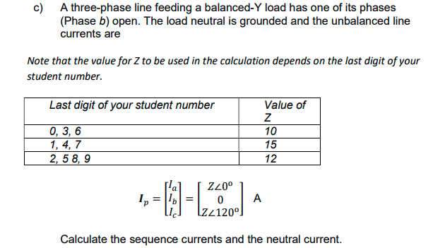 c) A three-phase line feeding a balanced-Y load has one of its phases
(Phase b) open. The load neutral is grounded and the unbalanced line
currents are
Note that the value for Z to be used in the calculation depends on the last digit of your
student number.
Last digit of your student number
0, 3, 6
1,4,7
2, 58, 9
Value of
Z
A
10
15
12
14 - (²) - (2248200)
a
=
Ip
ZZ120
Calculate the sequence currents and the neutral current.