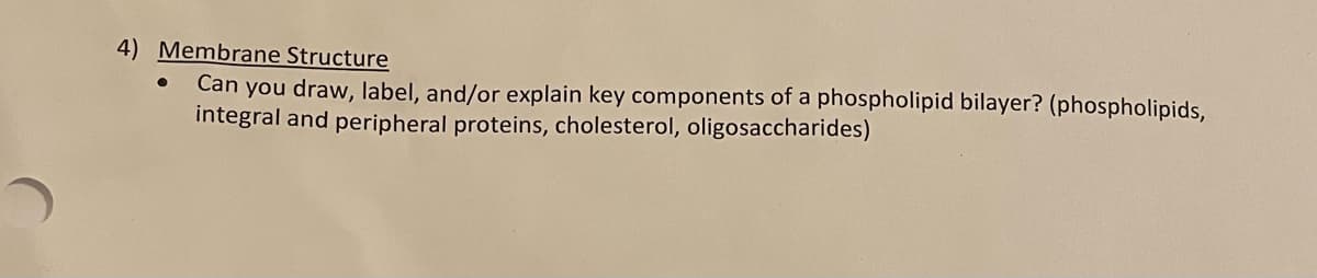 4) Membrane Structure
Can you draw, label, and/or explain key components of a phospholipid bilayer? (phospholipids,
integral and peripheral proteins, cholesterol, oligosaccharides)
