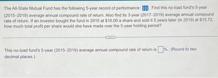 Find this no-load fund's 5-year
The All-State Mutual Fund has the following 5-year record of performance:
(2015-2019) average annual compound rate of return. Also find its 3-year (2017-2019) average annual compound
rate of return. If an investor bought the fund in 2015 at $10.00 a share and sold it 5 years later (in 2019) at $15.72,
how much total profit per share would she have made over the 5-year holding period?
This no-load fund's 5-year (2015-2019) average annual compound rate of return is%. (Round to two
decimal places.)