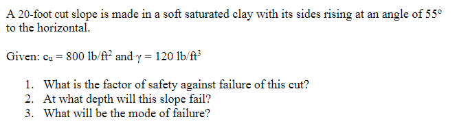 A 20-foot cut slope is made in a soft saturated clay with its sides rising at an angle of 55°
to the horizontal.
Given: cu = 800 lb/ft² and y = 120 lb/ft³
1. What is the factor of safety against failure of this cut?
2. At what depth will this slope fail?
3. What will be the mode of failure?