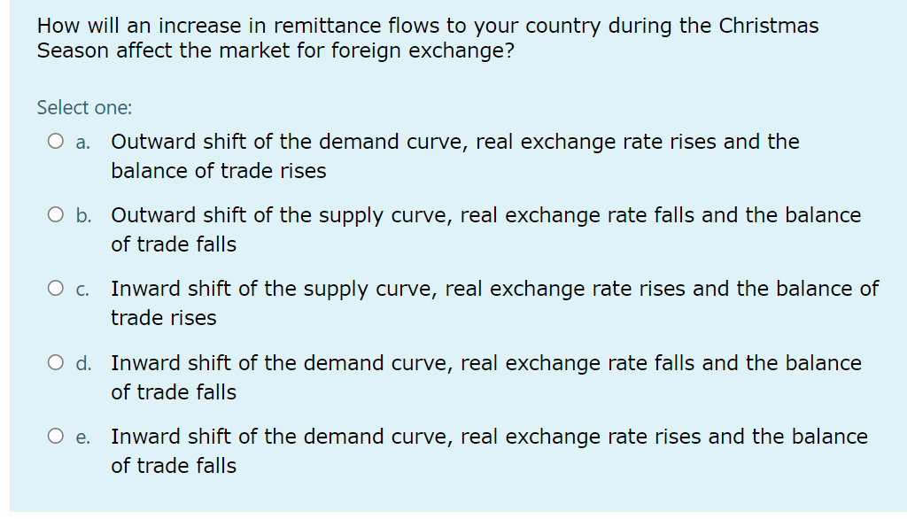 How will an increase in remittance flows to your country during the Christmas
Season affect the market for foreign exchange?
Select one:
O a.
Outward shift of the demand curve, real exchange rate rises and the
balance of trade rises
O b. Outward shift of the supply curve, real exchange rate falls and the balance
of trade falls
O c.
Inward shift of the supply curve, real exchange rate rises and the balance of
trade rises
O d. Inward shift of the demand curve, real exchange rate falls and the balance
of trade falls
е.
Inward shift of the demand curve, real exchange rate rises and the balance
of trade falls
