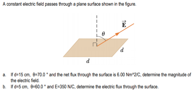 A constant electric field passes through a plane surface shown in the figure.
E
d
a. If d=15 cm, 0=70.0 ° and the net flux through the surface is 6.00 Nm^2/C, determine the magnitude of
the electric field.
b. If d=5 cm, 0=60.0 ° and E=350 N/C, determine the electric flux through the surface.
