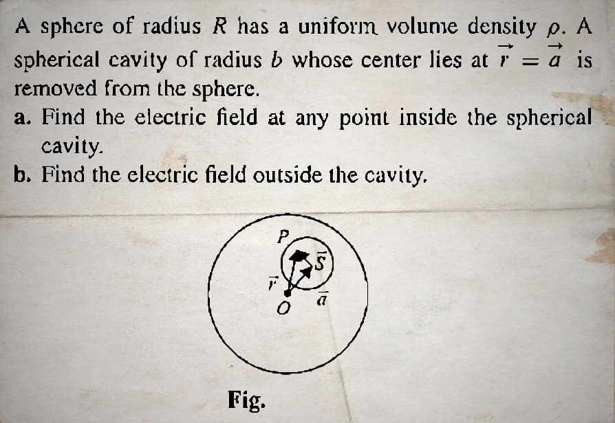 A sphere of radius R has a uniform volume density p. A
spherical cavity of radius b whose center lies at r = a is
removed from the sphere.
a. Find the electric field at any point inside the spherical
cavity.
b. Find the electric field outside the cavity.
Fig.
P
8
0
F
a