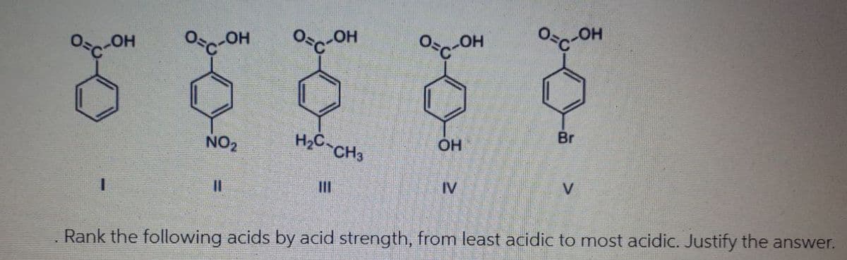 О-С-ОН O C-OH
О-С-ОН
NO₂
H2C-CH3
ОН
IV
V
1
||
Rank the following acids by acid strength, from least acidic to most acidic. Justify the answer.
O=C-OH
0-C-OH
Br
