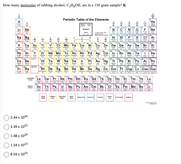 How many molecules of rubbing alcohol, C3H₂OH, are in a 150 gram sample? K
H
Be
Na Mg
1222
Ca Sc Ti
Rb Sr
Ba
Fr Ra
2.44 x 1024
3.39 x 1023
1.48 x 1024
1.54 x 1023
8.59 x 1023
67-71 72,
57
La La
Sete
Periodic Table of the Elements
Hf
7
VIB
38
23 24 25 41
Cr Mn
Symbol
40 41 42 43 45
Zr
9
VIII
25 27 28
Fe Co Ni
HUD
Tresn
www
47
Nb Mo Tc Ru Rh Pd Ag Cd
SH
Ta W
Re Os
09-103 104 103 106 107 108 109 111 112
Rf
28
Pt Au Hg
Nawwi
13
FIA
29 30
Cu Zn Ga
C
13.
AI
81
15
VA
"Pr Nd Pm Sm Eu Gd
Tb Dy Ho
Ac Th Pa U Np Pu Am Cm Bk Cf Es
N
16
Lavand
17
VIJA
74
UCM 35_102
Ge As Se Br
14 15 16 17 18
Si
P
S
Po At Rn
114
116
Db Sg Bh Hs Mt Ds Rg Cn Uut "FI Uup "Lv Uus Uuo
m
18
VELA
He
50514 goʻlimiti ga laatan 54
Sn Sb Te
Xe
102.
Fm Md No
Ne
CI Ar
Tm Yb Lu
103
www.c