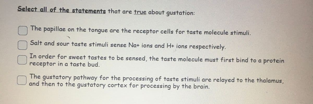 Select all of the statements that are true about gustation:
The papillae on the tongue are the receptor cells for taste molecule stimuli.
Salt and sour taste stimuli sense Na+ ions and H+ ions respectively.
In order for sweet tastes to be sensed, the taste molecule must first bind to a protein
receptor in a taste bud.
The gustatory pathway for the processing of taste stimuli are relayed to the thalamus,
and then to the gustatory cortex for processing by the brain.