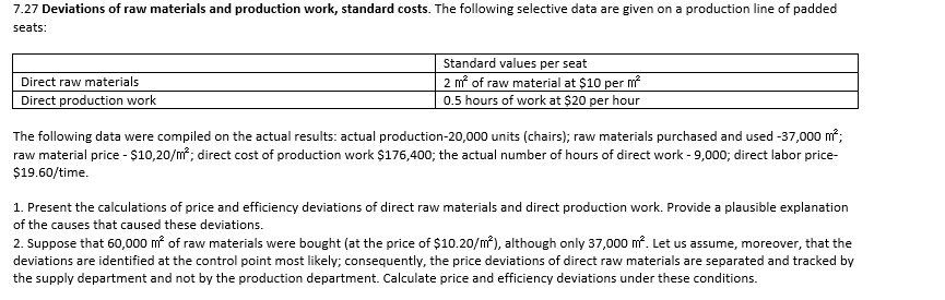 7.27 Deviations of raw materials and production work, standard costs. The following selective data are given on a production line of padded
seats:
Standard values per seat
2 m of raw material at $10 per m
0.5 hours of work at $20 per hour
Direct raw materials
Direct production work
The following data were compiled on the actual results: actual production-20,000 units (chairs); raw materials purchased and used -37,000 m;
raw material price - $10,20/m; direct cost of production work $176,400; the actual number of hours of direct work - 9,000; direct labor price-
$19.60/time.
1. Present the calculations of price and efficiency deviations of direct raw materials and direct production work. Provide a plausible explanation
of the causes that caused these deviations.
2. Suppose that 60,000 m of raw materials were bought (at the price of $10.20/m), although only 37,000 m. Let us assume, moreover, that the
deviations are identified at the control point most likely; consequently, the price deviations of direct raw materials are separated and tracked by
the supply department and not by the production department. Calculate price and efficiency deviations under these conditions.
