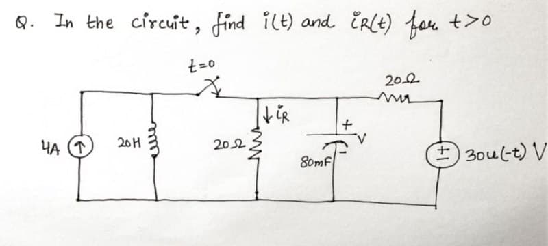 Q. In the circuit, find i(t) and (R(t) for +>0
t=0
202
ma
↓ iR
+
HA T
20H
202
80mF
± 304 (-t) V