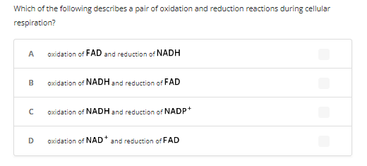 Which of the following describes a pair of oxidation and reduction reactions during cellular
respiration?
A
B
с
D
oxidation of FAD and reduction of NADH
oxidation of NADH and reduction of FAD
oxidation of NADH and reduction of NADP+
oxidation of NAD* and reduction of FAD