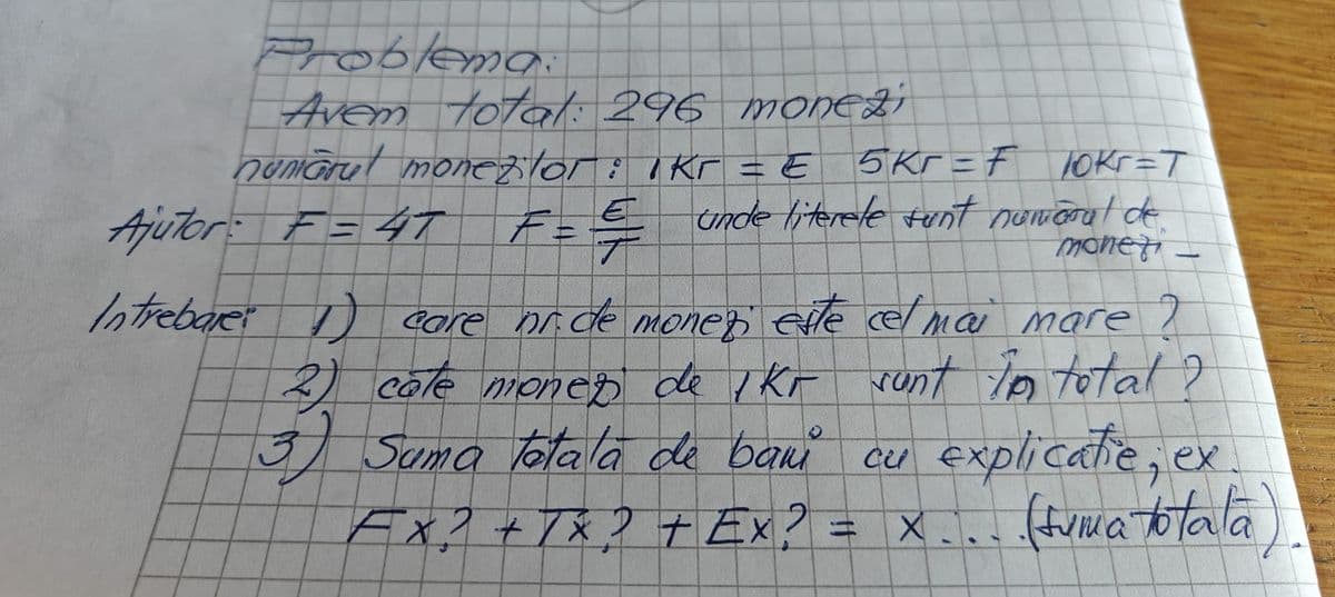 Problema.
Avem total: 296 monezi
numarul monezitor: 1 kr = E
5Kr=F 10kr=T
Ajutor: F= 4T
F=
E
unde literele tunt numarul de
monet
A
1
Intrebare
1) care nr. de monezi este cel mai mare ?
2) cate moner de 1 Kr sunt in total ?
3)
Suma totala de bani cu explicatie, ex
Ex? + 1x? + Ex? = x... (tuma totala)