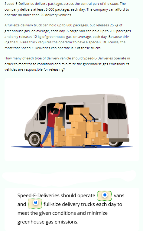 Speed-E-Deliveries delivers packages across the central part of the state. The
company delivers at least 6,000 packages each day. The company can afford to
operate no more than 20 delivery vehicles.
A full-size delivery truck can hold up to 800 packages, but releases 25 kg of
greenhouse gas, on average, each day. A cargo van can hold up to 200 packages
and only releases 12 kg of greenhouse gas, on average, each day. Because driv-
ing the full-size truck requires the operator to have a special CDL license, the
most that Speed-E-Deliveries can operate is 7 of these trucks.
How many of each type of delivery vehicle should Speed-E-Deliveries operate in
order to meet these conditions and minimize the greenhouse gas emissions its
vehicles are responsible for releasing?
E
MYE
Speed-E-Deliveries should operate
vans
full-size delivery trucks each day to
and
meet the given conditions and minimize
greenhouse gas emissions.