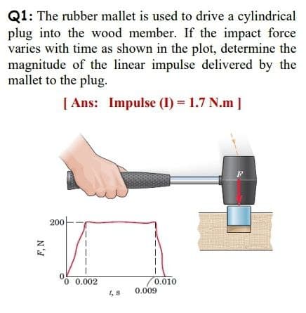 Q1: The rubber mallet is used to drive a cylindrical
plug into the wood member. If the impact force
varies with time as shown in the plot, determine the
magnitude of the linear impulse delivered by the
mallet to the plug.
[ Ans: Impulse (I) = 1.7 N.m ]
200
o 0.002
0.010
0.009
1, 8
F, N
