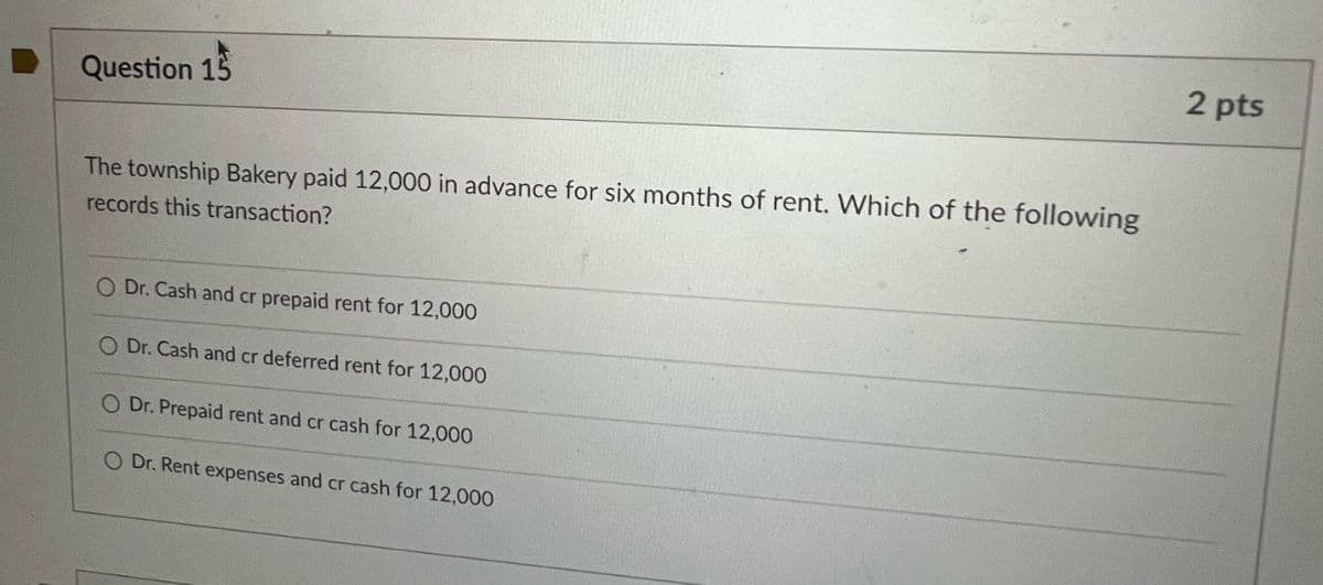 Question 15
The township Bakery paid 12,000 in advance for six months of rent. Which of the following
records this transaction?
O Dr. Cash and cr prepaid rent for 12,000
O Dr. Cash and cr deferred rent for 12,000
O Dr. Prepaid rent and cr cash for 12,000
O Dr. Rent expenses and cr cash for 12,000
2 pts