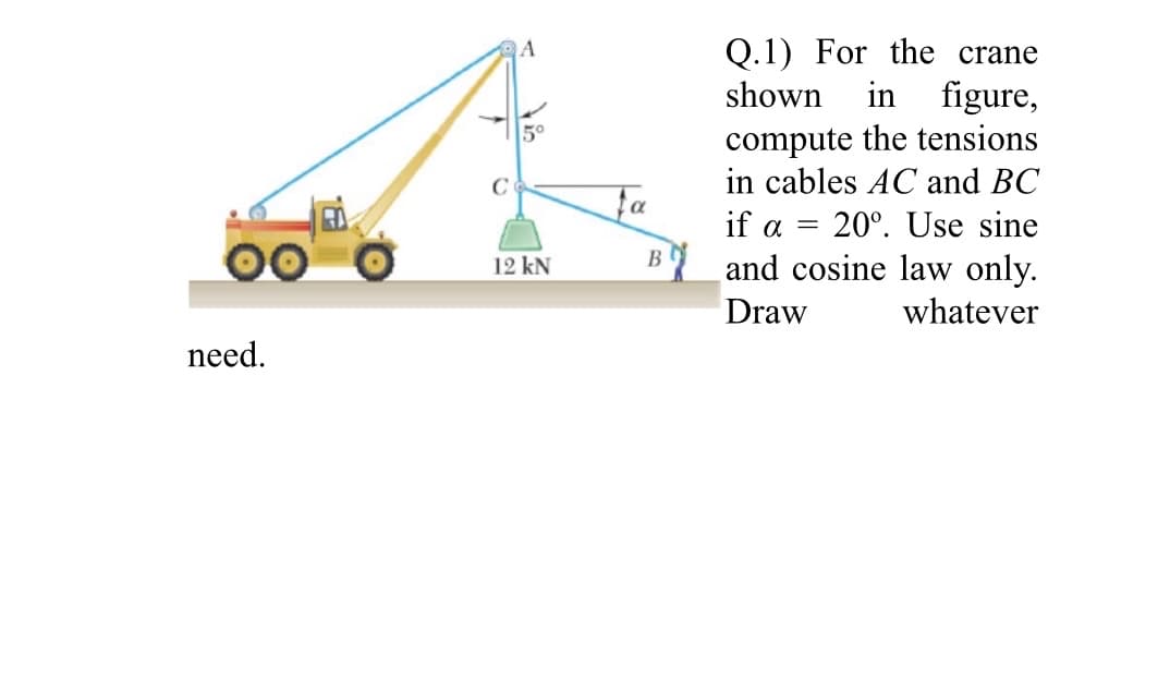 Q.1) For the crane
figure,
compute the tensions
in cables AC and BC
A
shown
in
50
fa
if a = 20°. Use sine
and cosine law only.
12 kN
B
Draw
whatever
need.
