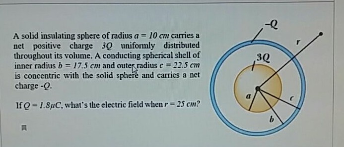 A solid insulating sphere of radius a = 10 cm carries a
net positive charge 3Q uniformly distributed
throughout its volume. A conducting spherical shell of
inner radius b = 17.5 cm and outer radius c = 22.5 cm
is concentric with the solid sphere and carries a net
charge -Q.
3Q
!3!
If Q = 1.8µC, what's the electric field when r 25 cm?
