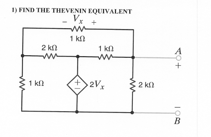 1) FIND THE THEVENIN EQUIVALENT
Vx
1 kN
2 kN
1 kN
A
1 k2
2V
2 kN
В
++
