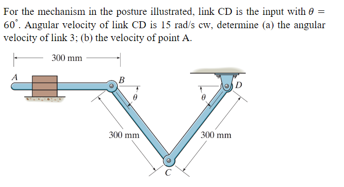 For the mechanism in the posture illustrated, link CD is the input with 0 =
60°. Angular velocity of link CD is 15 rad/s cw, determine (a) the angular
velocity of link 3; (b) the velocity of point A.
300 mm
F
A
B
300 mm
300 mm
D