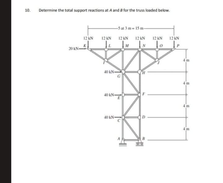 Determine the total support reactions at A and 8 for the truss loaded below.
-5 at 3 m- 15 m-
12 AN
12 AN 12 AN 12 kN
12 KN
12 KN
M
N lo
20 kN-
40 KN-
4 m
40 kN-
4 m
40 KN-
|D
4 m
