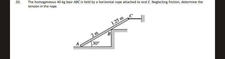 The homogeneous 40-kg basr ABC is held by a horizontal rope attached to end C. Neglecting friction, determine the
tension in the rope.
1.25 m
2m
30
A.
