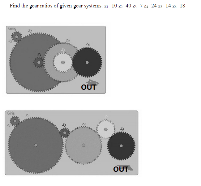 Find the gear ratios of given gear systems. z1=10 z=40 z3=7 z4=24 zs=14 zg=18
Giriş
24
26
Z3
OUT
Giriş
26
OUT
