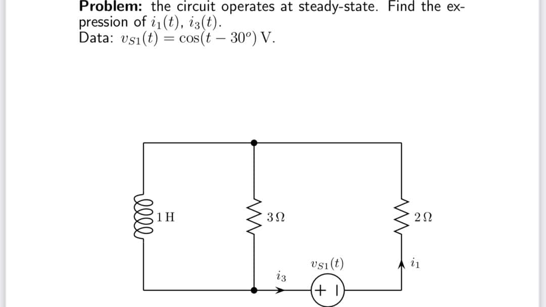 Problem: the circuit operates at steady-state. Find the ex-
pression of i1(t), i3(t).
Data: vsı(t) = cos(t – 30°) V.
1 H
vs1(t)
i3
(+ I
i1
ell
