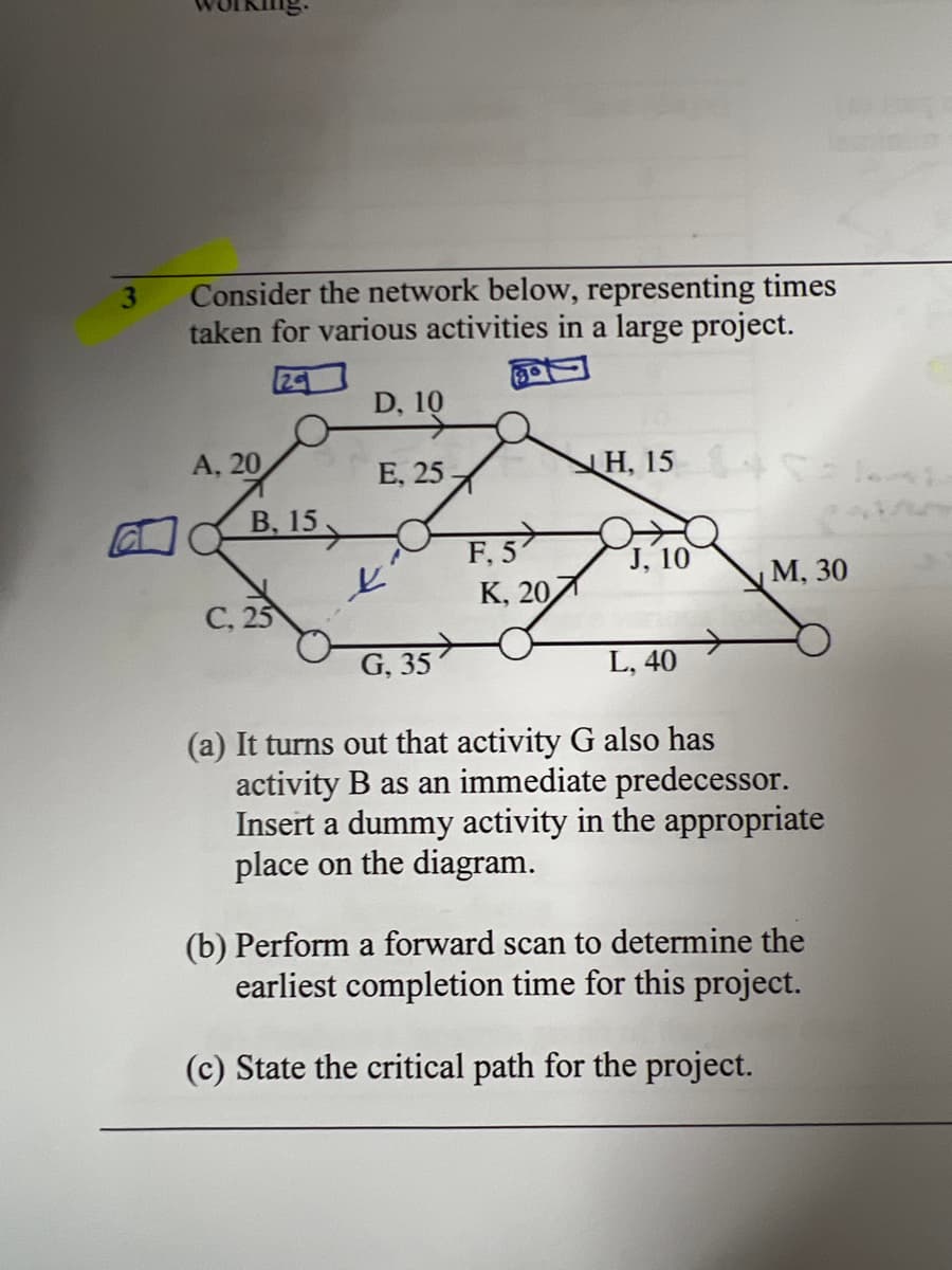 Consider the network below, representing times
taken for various activities in a large project.
A. 20
B, 15.
C, 25
D. 10
E, 25-
G, 35
F, 51
K, 20
NH, 15 l
J, 10
L, 40
M, 30
(a) It turns out that activity G also has
activity B as an immediate predecessor.
Insert a dummy activity in the appropriate
place on the diagram.
(b) Perform a forward scan to determine the
earliest completion time for this project.
(c) State the critical path for the project.