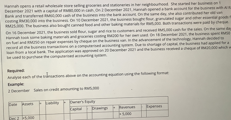Hannah opens a retail wholesale store selling groceries and stationeries in her neighbourhood. She started her business on 1
December 2021 with a capital of RM80,000 in cash. On 2 December 2021, Hannah opened a bank account for the business with Al R.
Bank and transferred RM60,000 cash of the business into the bank account. On the same day, she also contributed her old van
costing RM30,000 into the business. On 10 December 2021, the business bought flour, granulated sugar and other essential goods f
RM25,000. The business also bought canned food and other baking materials for RM5,000. Both transactions were paid by cheque.
On 16 December 2021, the business sold flour, sugar and rice to customers and received RM5,000 cash for the sales. On the same day
Hannah took some baking materials and groceries costing RM200 for her own used. On 18 December 2021, the business spent RM50
on fuel and RM250 on repair expenses by cheque on the business van. In the advancement of the technology, Hannah decided to
record all the business transactions on a computerised accounting system. Due to shortage of capital, the business had applied for a
loan from a local bank. The application was approved on 20 December 2021 and the business received a cheque of RM20,000 which w
be used to purchase the computerised accounting system.
Required:
Analyse each of the trånsactions above on the accounting equation using the following format:
Example:
2 December Sales on credit amounting to RM5,000
Date
Assets
Liability
+ Owner's Equity
Capital
Drawings
+ Revenues
Expenses
+ 5,000
Dec 2 +5,000
