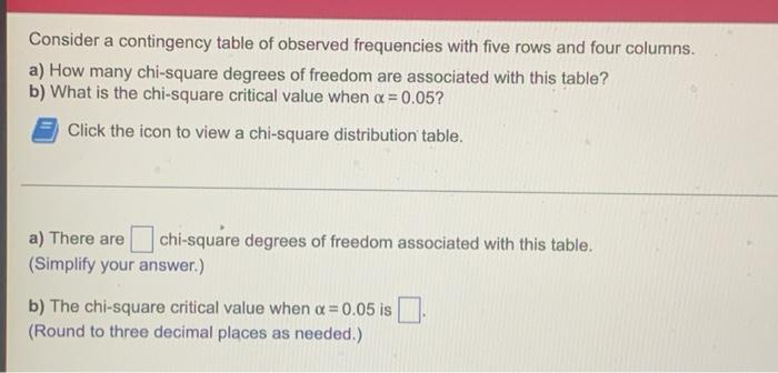 Consider a contingency table of observed frequencies with five rows and four columns.
a) How many chi-square degrees of freedom are associated with this table?
b) What is the chi-square critical value when a = 0.05?
Click the icon to view a chi-square distribution table.
a) There are
chi-square degrees of freedom associated with this table.
(Simplify your answer.)
b) The chi-square critical value when a = 0.05 is
(Round to three decimal places as needed.)
