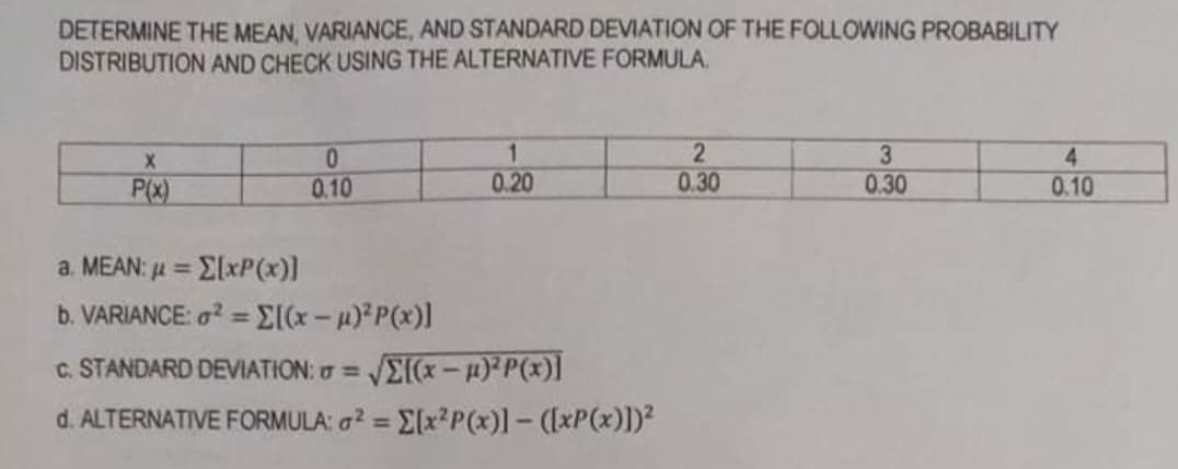 DETERMINE THE MEAN, VARIANCE, AND STANDARD DEVIATION OF THE FOLLOWING PROBABILITY
DISTRIBUTION AND CHECK USING THE ALTERNATIVE FORMULA.
1.
3.
0.30
4
0.30
P(x)
0.10
0.20
0.10
a. MEAN: 4 =
E[XP(x)]
b. VARIANCE: o? = * P(x)]
C. STANDARD DEVIATION: = EI(x-p)P(x)]
d. ALTERNATIVE FORMULA: o? = E(x*P(x)]- ([xP(x)])?
%3D

