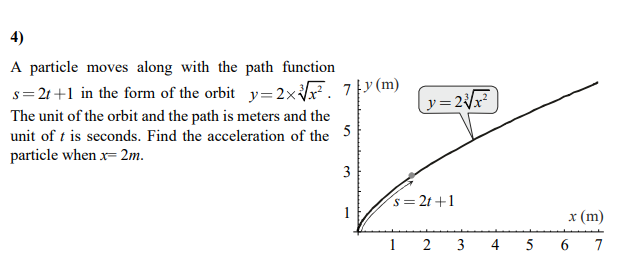 4)
A particle moves along with the path function
s= 21 +1 in the form of the orbit y= 2×x. 7y (m)
The unit of the orbit and the path is meters and the
unit of t is seconds. Find the acceleration of the 5
particle when x= 2m.
y=2V
3
s= 2t +1
x (m)
1 2
3
4
5 6
7
