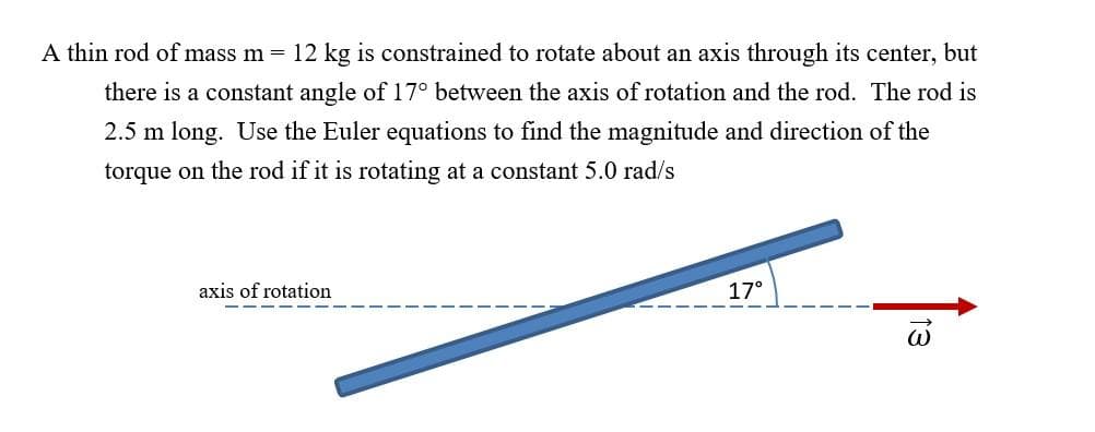 A thin rod of mass m = 12 kg is constrained to rotate about an axis through its center, but
there is a constant angle of 17° between the axis of rotation and the rod. The rod is
2.5 m long. Use the Euler equations to find the magnitude and direction of the
torque on the rod if it is rotating at a constant 5.0 rad/s
axis of rotation
17°
13
