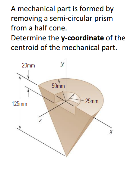 A mechanical part is formed by
removing a semi-circular prism
from a half cone.
Determine the y-coordinate of the
centroid of the mechanical part.
20mm
125mm
Z
50mm
25mm
X