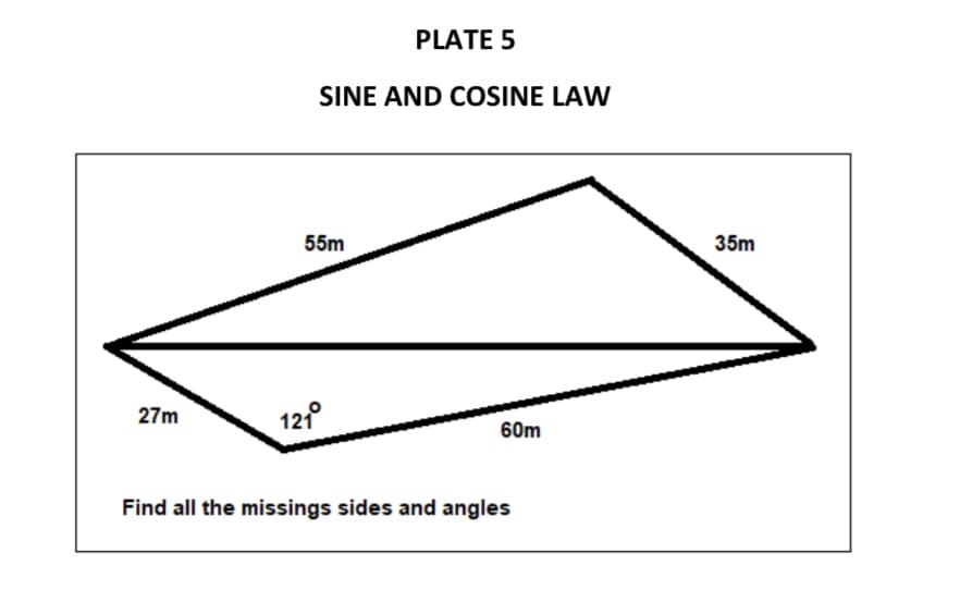 27m
PLATE 5
SINE AND COSINE LAW
55m
121°
60m
Find all the missings sides and angles
35m