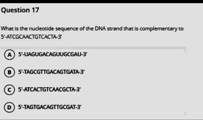 Question 17
What is the nucleotide sequence of the DNA strand that is complementary to
5'-ATCGCAACTGTCACTA-3
A 5'-UAGUGACAGUUGCGAU-3'
B 5-TAGCGTTGACAGTGATA-3
5'-ATCACTGTCAACGCTA-3
D 5'-TAGTGACAGTTGCGAT-3'
