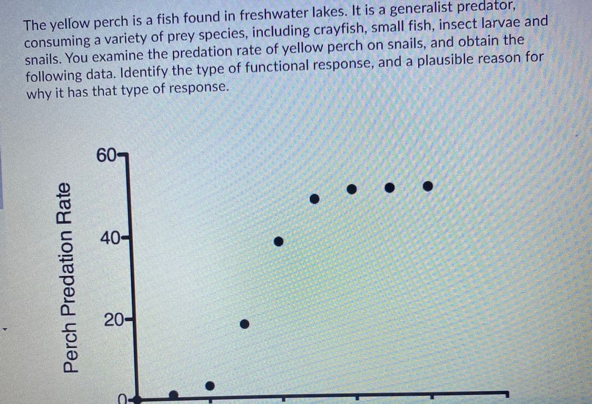 The yellow perch is a fish found in freshwater lakes. It is a generalist predator,
consuming a variety of prey species, including crayfish, small fish, insect larvae and
snails. You examine the predation rate of yellow perch on snails, and obtain the
following data. Identify the type of functional response, and a plausible reason for
why it has that type of response.
60-
40-
20-
Perch Predation Rate
