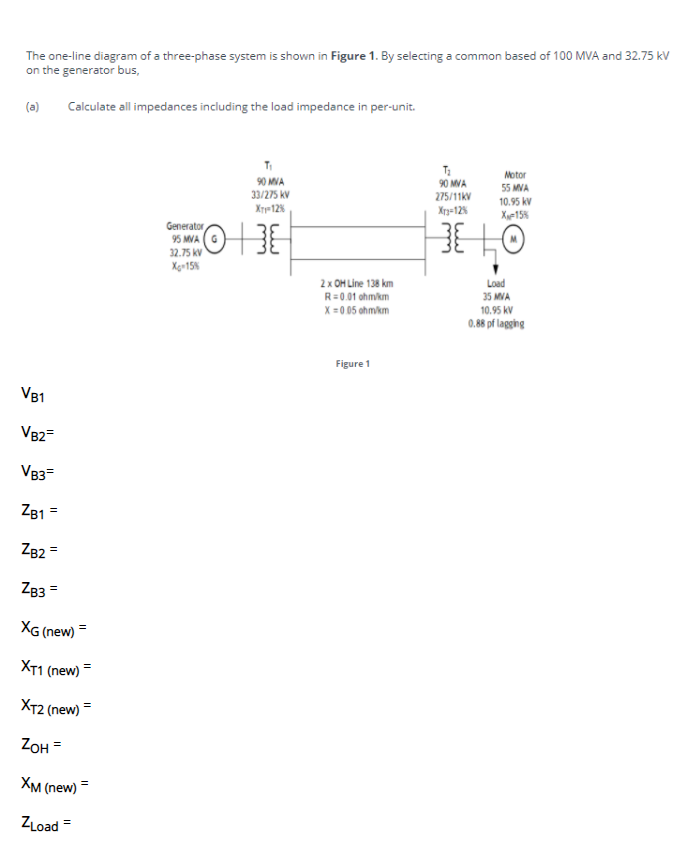 The one-line diagram of a three-phase system is shown in Figure 1. By selecting a common based of 100 MVA and 32.75 kV
on the generator bus,
(a)
Calculate all impedances including the load impedance in per-unit.
Motor
90 MVA
33/275 kV
90 MVA
275/11kV
55 MVA
10.95 kv
XT12%
Xrg=12%
X15%
Generator
95 MVA
32.75 kv
Xg+15%
2x OH Line 138 km
R= 0.01 ohm/km
X = 0 05 chm/km
Load
35 MVA
10.95 kV
0.88 pf lagging
Figure 1
V81
V82=
V83=
Z81 =
%3D
Z82 =
ZB3 =
XG (new) =
XT1 (new) =
XT2
(new) =
ZOH =
Хм (пеw)
ZLoad =
