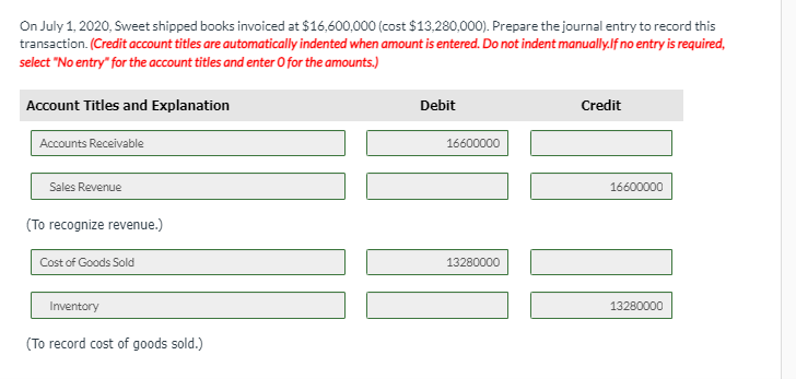 On July 1, 2020, Sweet shipped books invoiced at $16,600,000 (cost $13,280,000). Prepare the journal entry to record this
transaction. (Credit account titles are automatically indented when amount is entered. Do not indent manually.If no entry is required,
select "No entry" for the account titles and enter O for the amounts.)
Account Titles and Explanation
Debit
Credit
Accounts Receivable
16600000
Sales Revenue
16600000
(To recognize revenue.)
Cost of Goods Sold
13280000
Inventory
13280000
(To record cost of goods sold.)
