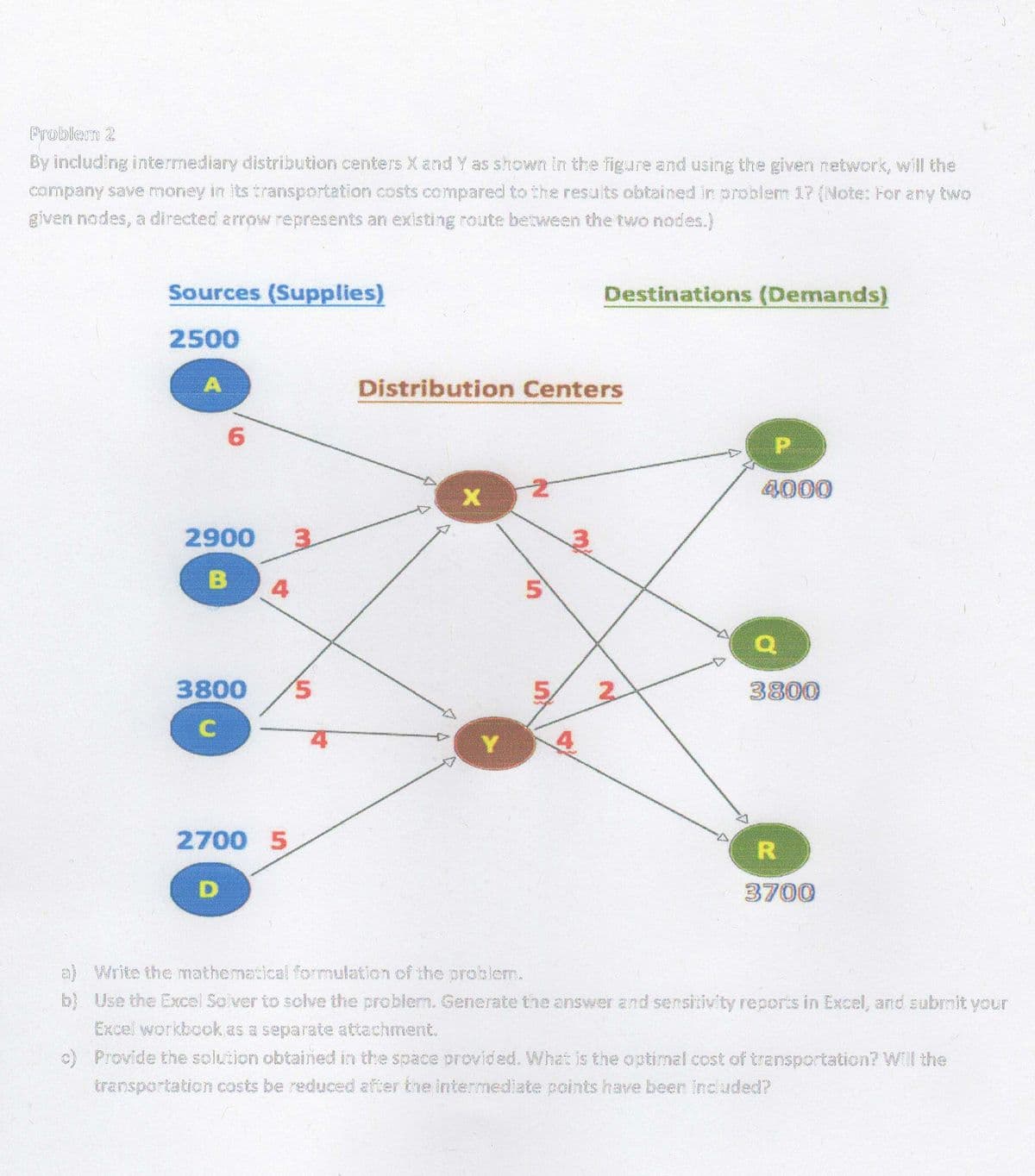 Problem 2
By including intermediary distribution centers X and Y as shown in the figure and using the given network, will the
company save money in its transportation costs compared to the results obtained in problem 17 (Note: For any two
given nodes, a directed arrow represents an existing route benween the two nodes.)
Sources (Supplies)
Destinations (Demands)
2500
Distribution Centers
6.
P.
4000
2900
3.
3.
3800
5,
5,
3800
Y.
4
2700 5
R
3700
a) Write the mathematical formulation of the problem.
b) Use the Excel Solver to solve the problem. Generate the answer and sensitivity reports in Excel, and submit your
Excel workbock.as a separate attachment.
c) Provide the solution obtained in the space provided. What is the optimal cost of transportation? Will the
transportation costs be reduced after the intermediate points have been included?
