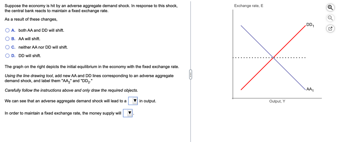 Suppose the economy is hit by an adverse aggregate demand shock. In response to this shock,
the central bank reacts to maintain a fixed exchange rate.
As a result of these changes,
A. both AA and DD will shift.
B. AA will shift.
C. neither AA nor DD will shift.
D. DD will shift.
The graph on the right depicts the initial equilibrium in the economy with the fixed exchange rate.
Using the line drawing tool, add new AA and DD lines corresponding to an adverse aggregate
demand shock, and label them "AA₂" and "DD2."
Carefully follow the instructions above and only draw the required objects.
We can see that an adverse aggregate demand shock will lead to a
In order to maintain a fixed exchange rate, the money supply will
in output.
C
Exchange rate, E
Output, Y
DD₁
AA₁
LY
