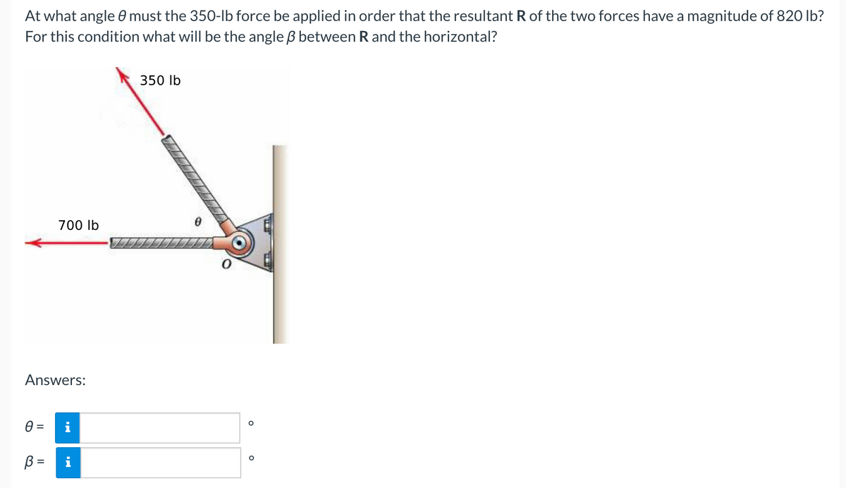 At what angle 0 must the 350-lb force be applied in order that the resultant R of the two forces have a magnitude of 820 lb?
For this condition what will be the angle B between R and the horizontal?
350 lb
700 lb
Answers:
B =
