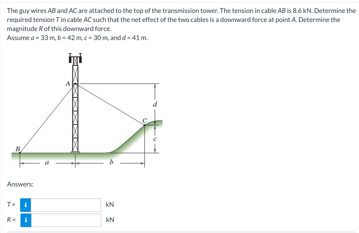 The guy wires AB and AC are attached to the top of the transmission tower. The tension in cable AB is 8.6 kN. Determine the
required tension Tin cable AC such that the net effect of the two cables is a downward force at point A. Determine the
magnitude R of this downward force.
Assume a = 33 m, b = 42 m, c = 30 m, and d = 41 m.
A
B)
a
Answers:
T =
i
kN
R =
kN
