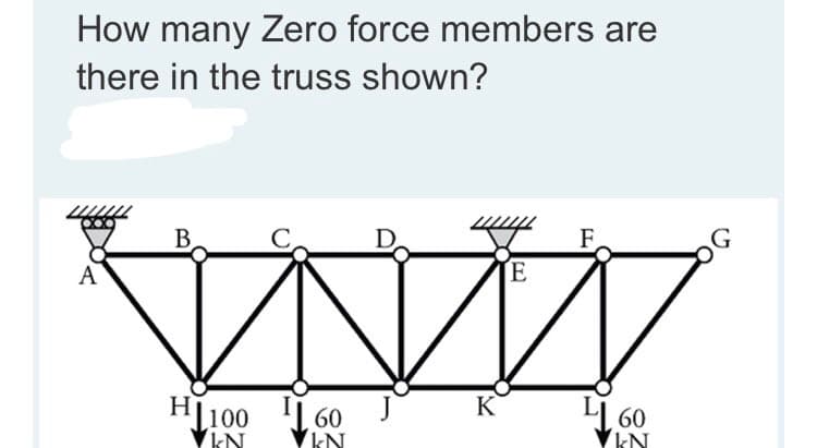 How many Zero force members are
there in the truss shown?
B,
F
А
HL100 1 60
VkN
VkN
K
L1 60
