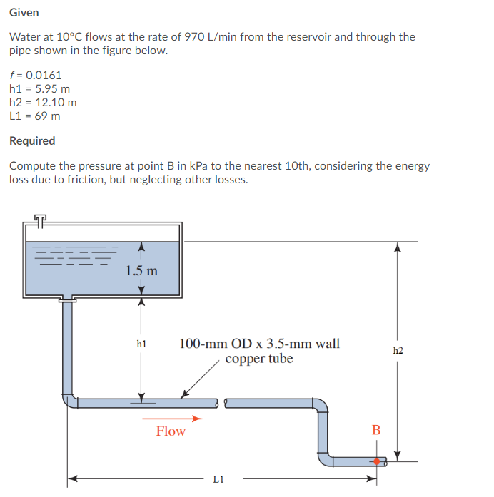 Given
Water at 10°C flows at the rate of 970 L/min from the reservoir and through the
pipe shown in the figure below.
f = 0.0161
h1 = 5.95 m
h2 = 12.10 m
L1 = 69 m
Required
Compute the pressure at point B in kPa to the nearest 10th, considering the energy
loss due to friction, but neglecting other losses.
1.5 m
h1
100-mm OD x 3.5-mm wall
h2
copper tube
Flow
B
L1
