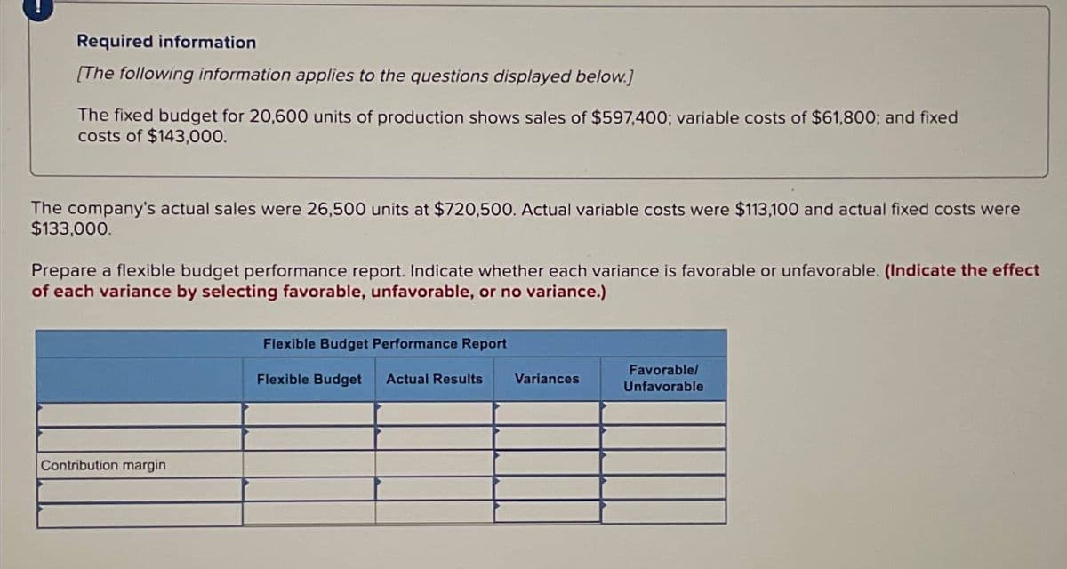 Required information
[The following information applies to the questions displayed below.]
The fixed budget for 20,600 units of production shows sales of $597,400; variable costs of $61,800; and fixed
costs of $143,000.
The company's actual sales were 26,500 units at $720,500. Actual variable costs were $113,100 and actual fixed costs were
$133,000.
Prepare a flexible budget performance report. Indicate whether each variance is favorable or unfavorable. (Indicate the effect
of each variance by selecting favorable, unfavorable, or no variance.)
Contribution margin
Flexible Budget Performance Report
Flexible Budget Actual Results
Variances
Favorable/
Unfavorable