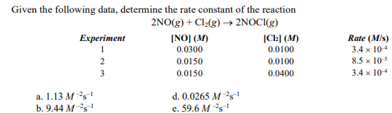 Given the following data, determine the rate constant of the reaction
2NO(g) + Cl2(g) → 2NOCI(g)
[NO] (M)
|CŁ] (M)
0.0100
Еxperiment
Rate (M/s)
1
0.0300
3.4 x 104
2
0.0150
0.0100
8.5 x 10-5
3
0.0150
0.0400
3.4 x 104
а. 1.13 М-2s-1
b. 9.44 M-2s
d. 0.0265 M-²s-
e. 59.6 M -2s-1
