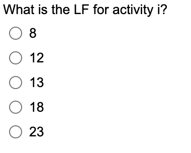 What is the LF for activity i?
08
O 12
O 13
O 18
O 23