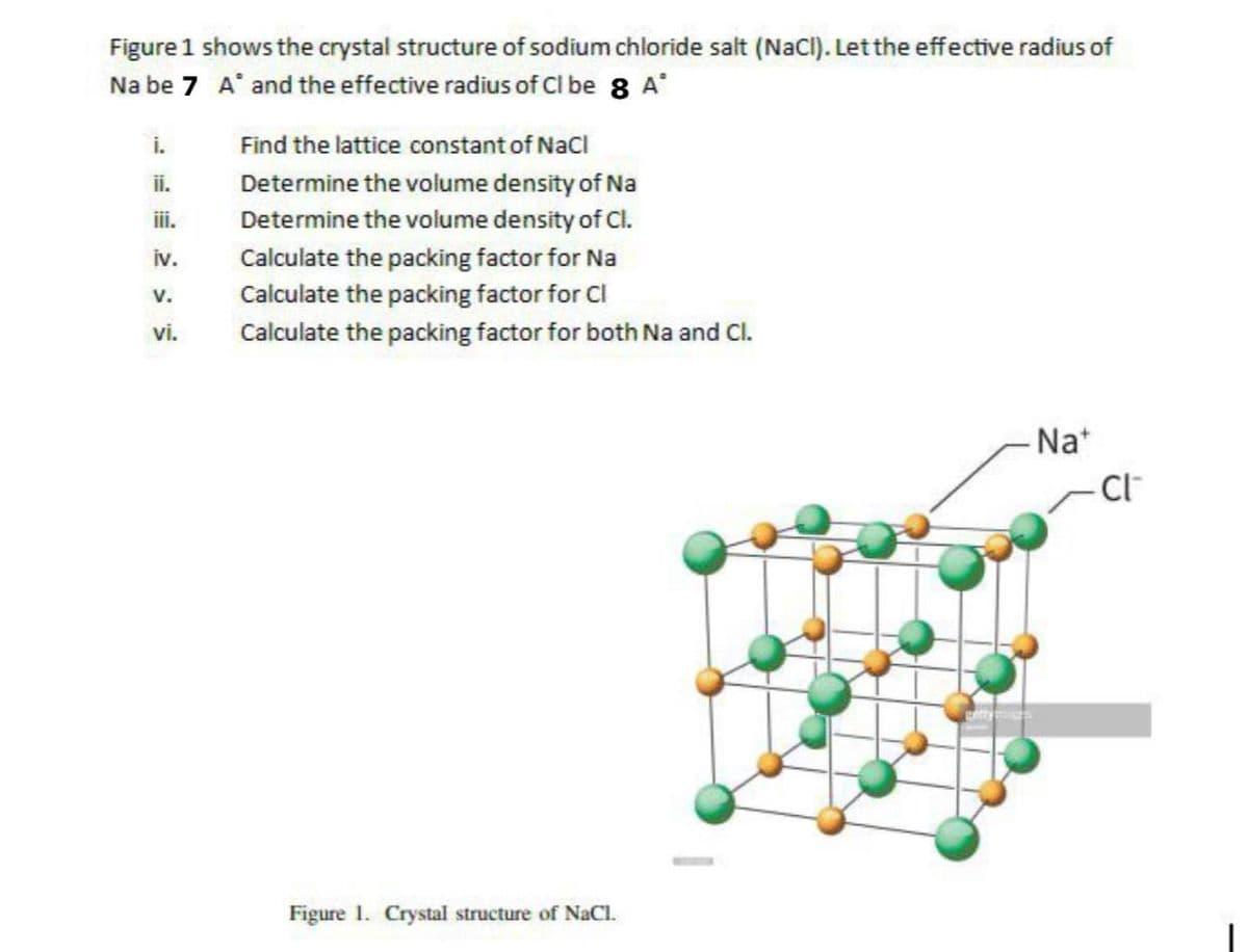 Figure 1 shows the crystal structure of sodium chloride salt (NaCI). Letthe effective radius of
Na be 7 A' and the effective radius of CI be 8 A
i.
Find the lattice constant of Nacl
ii.
Determine the volume density of Na
ii.
Determine the volume density of Cl.
Calculate the packing factor for Na
Calculate the packing factor for Cl
iv.
v.
vi.
Calculate the packing factor for both Na and Cl.
Na*
-C
Figure 1. Crystal structure of NaCl.
