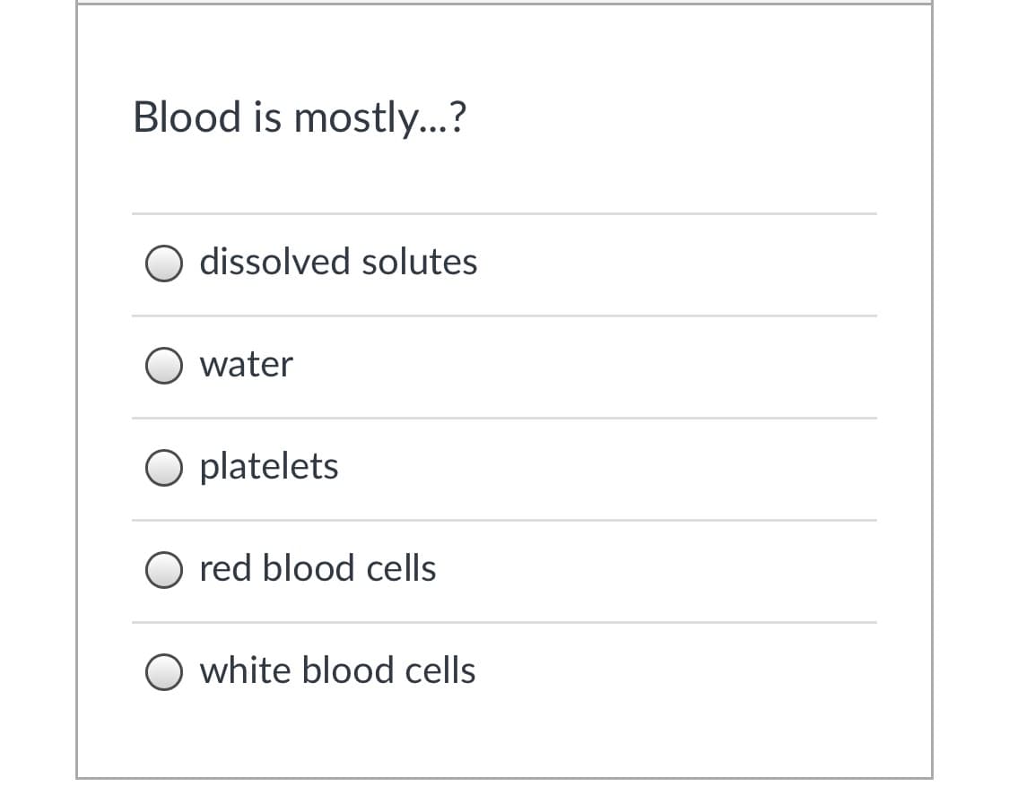 Blood is mostly...?
O dissolved solutes
O water
O platelets
O red blood cells
O white blood cells
