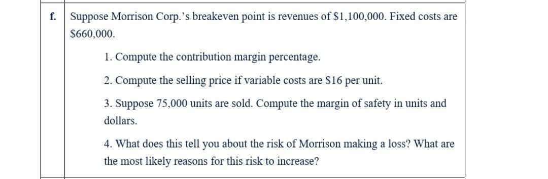 f.
Suppose Morrison Corp.'s breakeven point is revenues of $1,100,000. Fixed costs are
$660,000.
1. Compute the contribution margin percentage.
2. Compute the selling price if variable costs are $16 per unit.
3. Suppose 75,000 units are sold. Compute the margin of safety in units and
dollars.
4. What does this tell you about the risk of Morrison making a loss? What are
the most likely reasons for this risk to increase?
